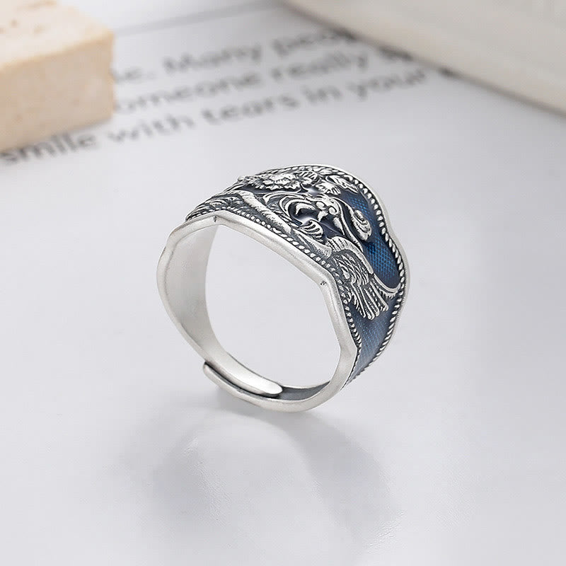 925 Sterling Silver Phoenix Peony Flowers Carved Luck Adjustable Ring - Image 3