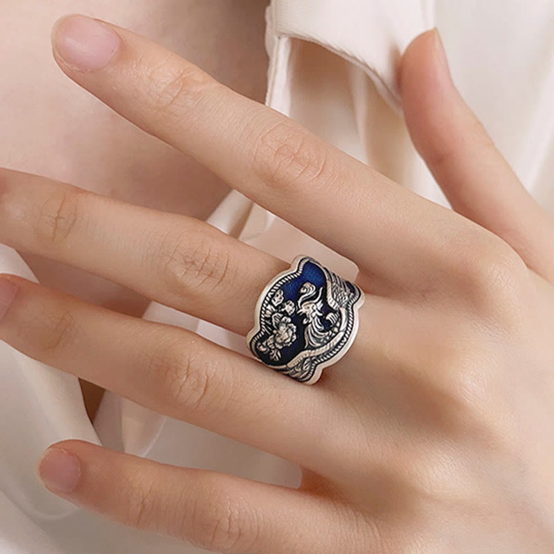 925 Sterling Silver Phoenix Peony Flowers Carved Luck Adjustable Ring - Image 9