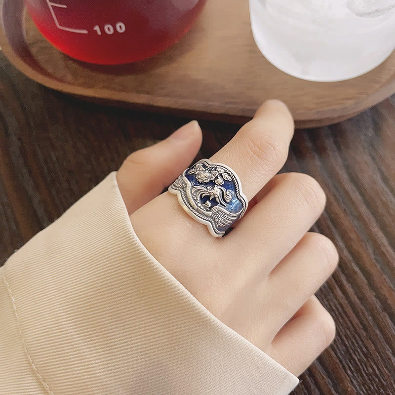 925 Sterling Silver Phoenix Peony Flowers Carved Luck Adjustable Ring - Image 5