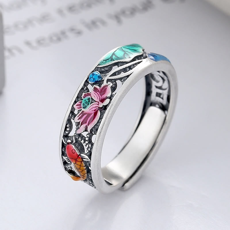 925 Sterling Silver Koi Fish Lotus Luck Everything Goes Well Ring