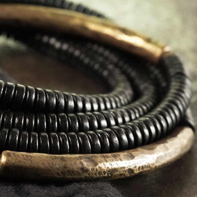 Tibetan Ebony Wood Beads Copper Peace Multilayered Bracelet - Image 4