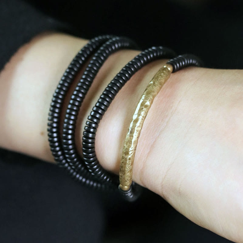Tibetan Ebony Wood Beads Copper Peace Multilayered Bracelet - Image 6