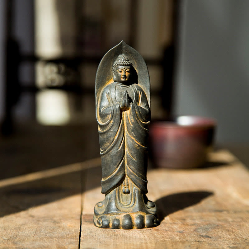 Handmade Sakyamuni Buddha Namaste Iron Powder Rust Cast Resin Statue Decoration
