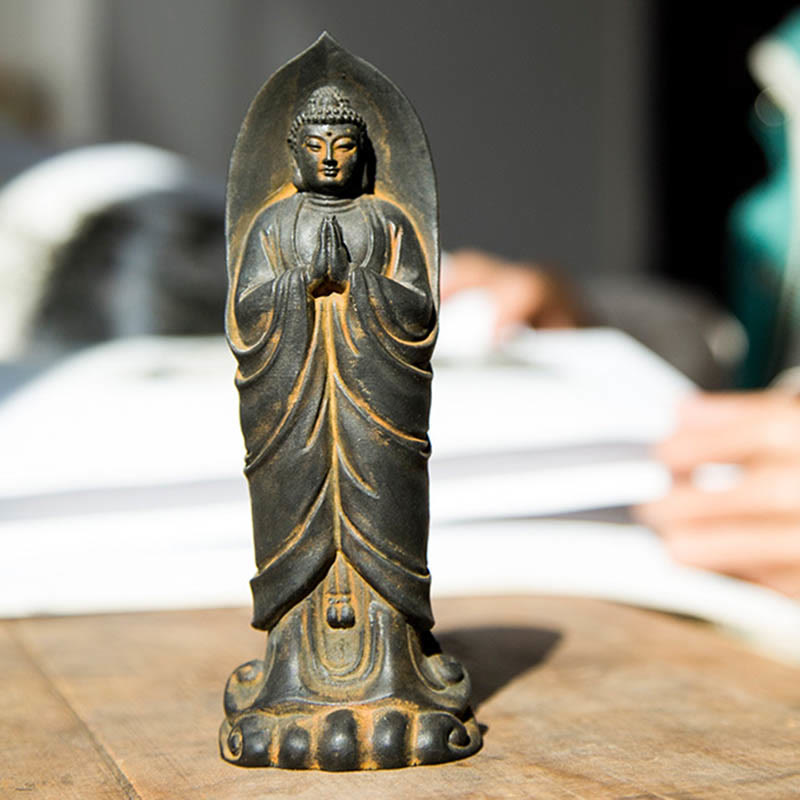 Handmade Sakyamuni Buddha Namaste Iron Powder Rust Cast Resin Statue Decoration - Image 8