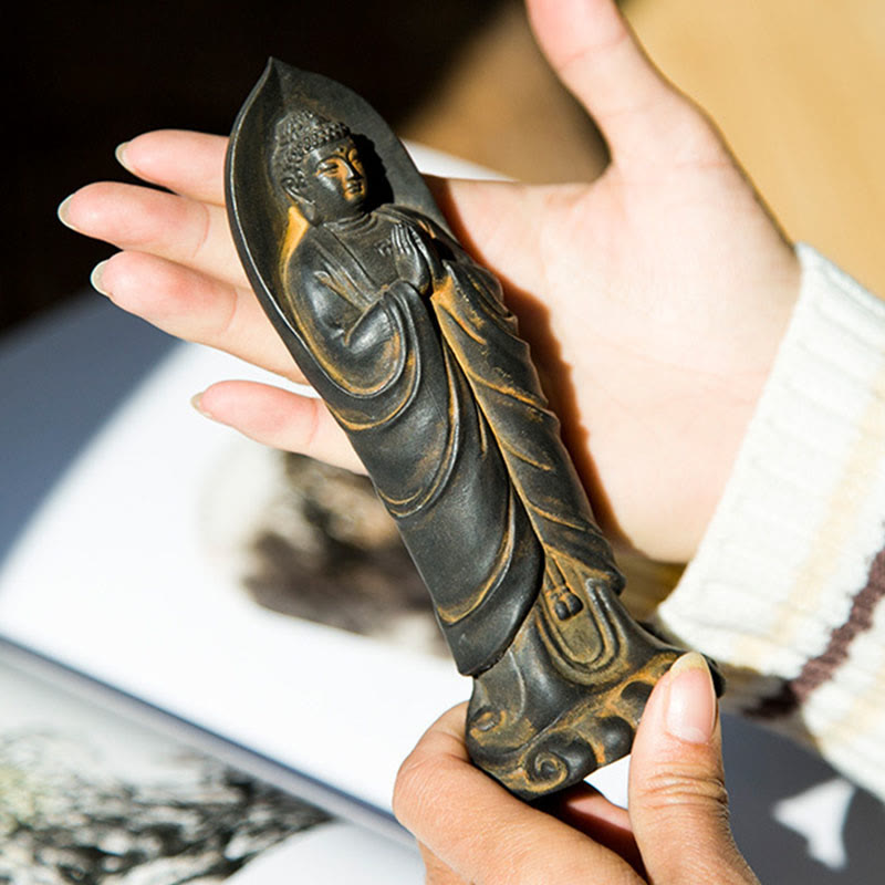 Handmade Sakyamuni Buddha Namaste Iron Powder Rust Cast Resin Statue Decoration - Image 3