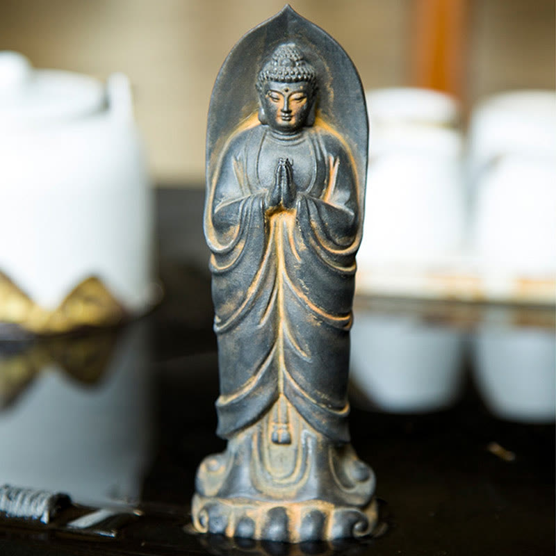 Handmade Sakyamuni Buddha Namaste Iron Powder Rust Cast Resin Statue Decoration - Image 10