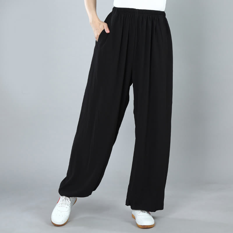 Summer Unisex Elastic Waist Tai Chi Kung Fu Qigong Practice Cotton Breathable Pants With Pockets - Image 3