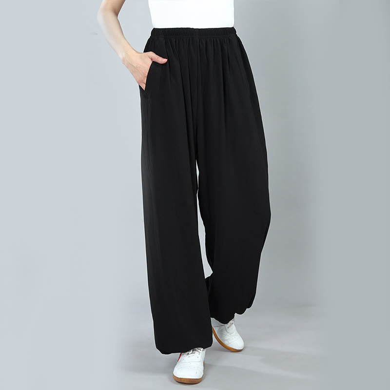 Summer Unisex Elastic Waist Tai Chi Kung Fu Qigong Practice Cotton Breathable Pants With Pockets - Image 4