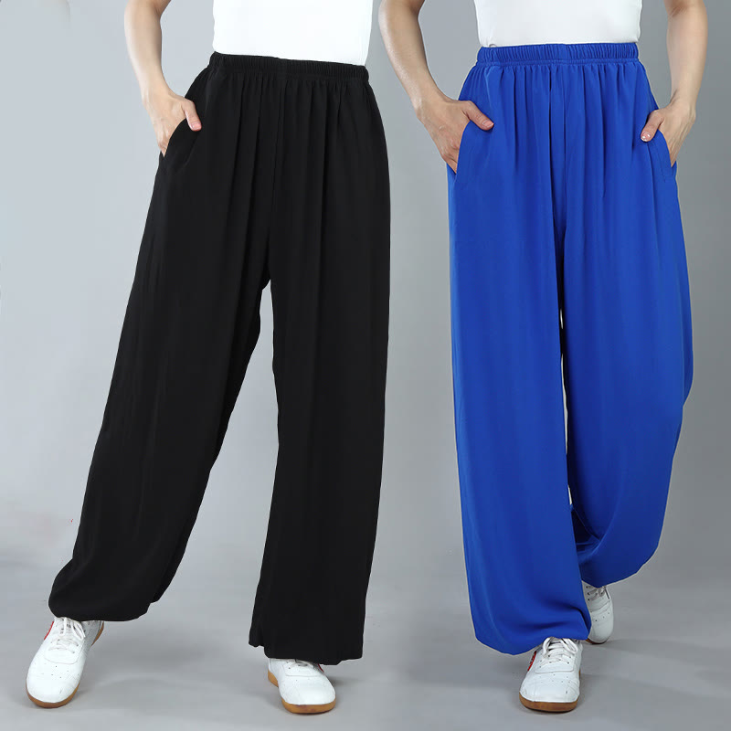 Summer Unisex Elastic Waist Tai Chi Kung Fu Qigong Practice Cotton Breathable Pants With Pockets - Image 14