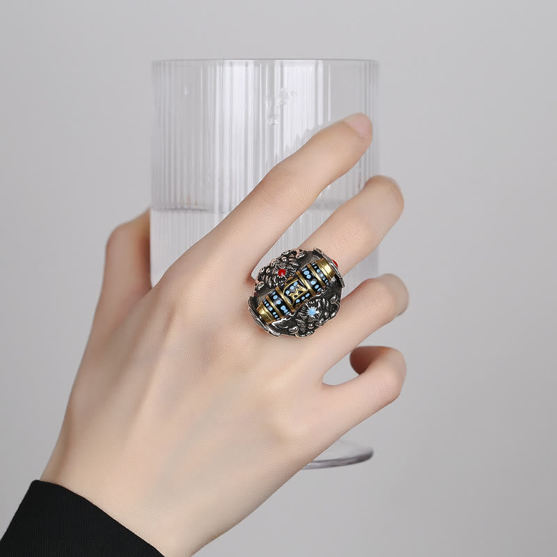 Tibetan Om Mani Padme Hum Garuda Dzi Bead Pattern Peace Rotatable Ring - Image 5