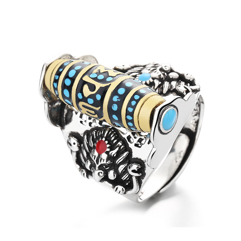 Tibetan Om Mani Padme Hum Garuda Dzi Bead Pattern Peace Rotatable Ring - Image 9