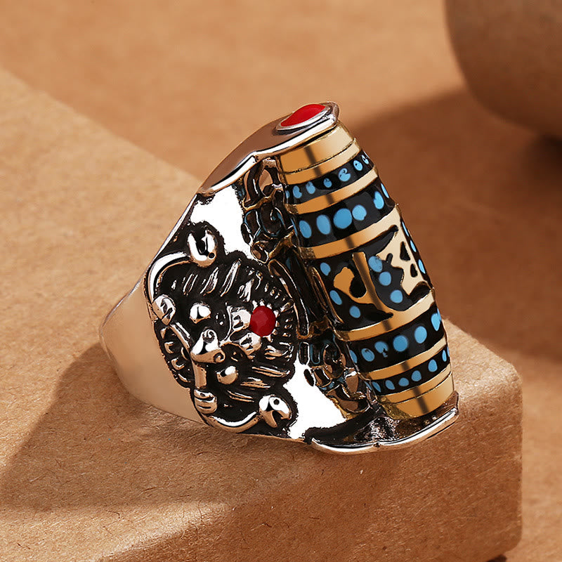 Tibetan Om Mani Padme Hum Garuda Dzi Bead Pattern Peace Rotatable Ring