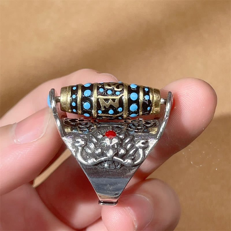Tibetan Om Mani Padme Hum Garuda Dzi Bead Pattern Peace Rotatable Ring - Image 8