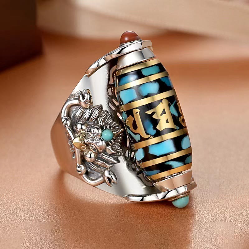 Tibetan Om Mani Padme Hum Garuda Dzi Bead Pattern Peace Rotatable Ring - Image 3