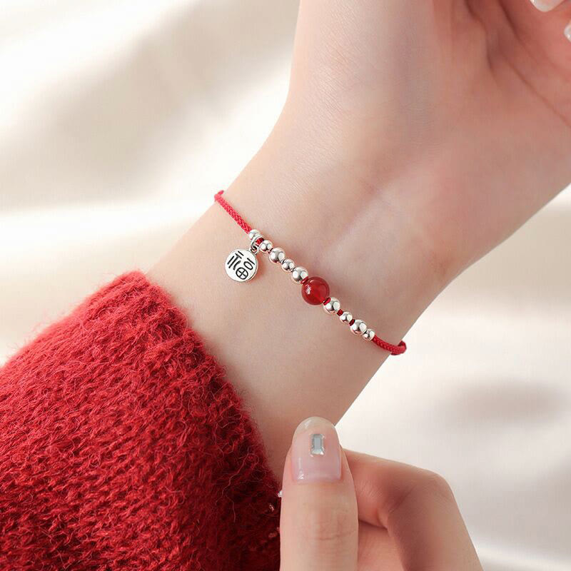 Handmade 925 Sterling Silver Fu Character Red Agate Fortune Braided Ultra-Thin Rope Bracelet - Image 9