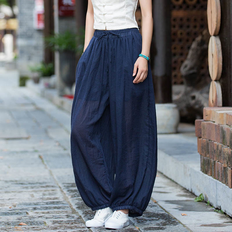 Summer Plain Color Linen Drawstring Pants With Pockets