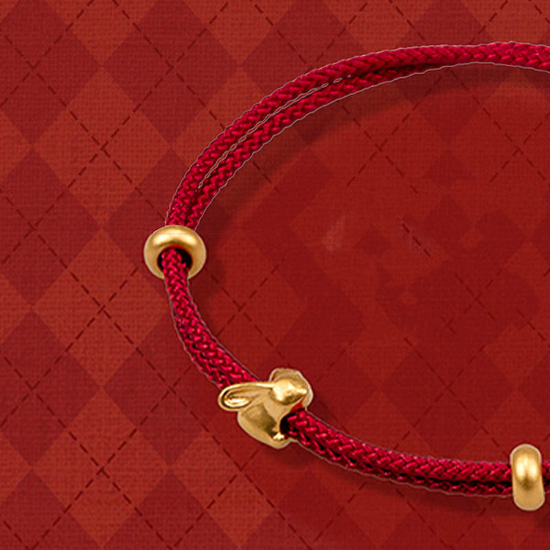 999 Gold Small Lucky Rabbit Osmanthus Design Handmade Luck Braided Rope Bracelet - Image 3