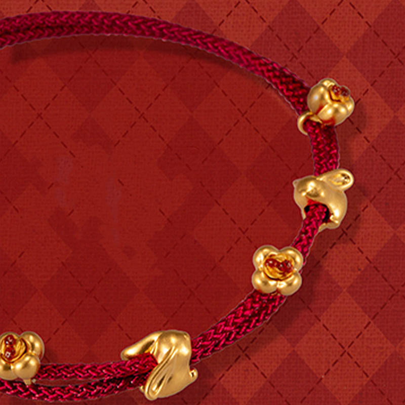 999 Gold Small Lucky Rabbit Osmanthus Design Handmade Luck Braided Rope Bracelet - Image 13