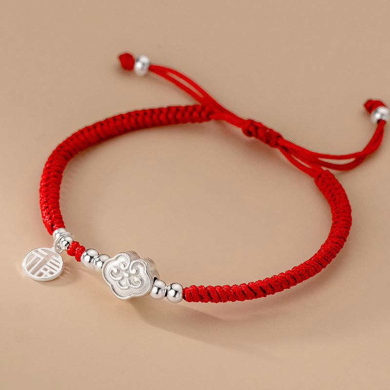 Handmade 925 Sterling Silver Fu Character Auspicious Clouds Blessing Braided Rope Bracelet
