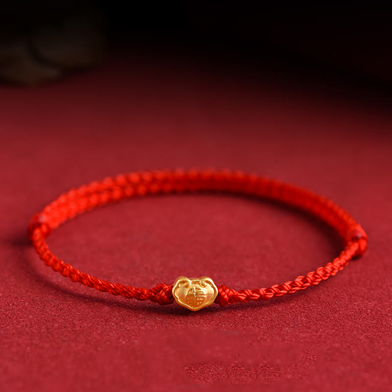 999 Gold Chinese Lock Charm Fu Character Protection Handmade Rope Bracelet