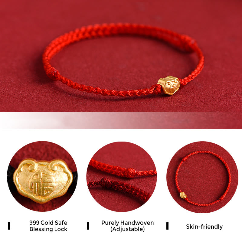 999 Gold Chinese Lock Charm Fu Character Protection Handmade Rope Bracelet - Image 5