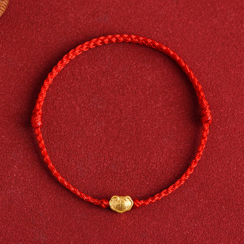 999 Gold Chinese Lock Charm Fu Character Protection Handmade Rope Bracelet - Image 9