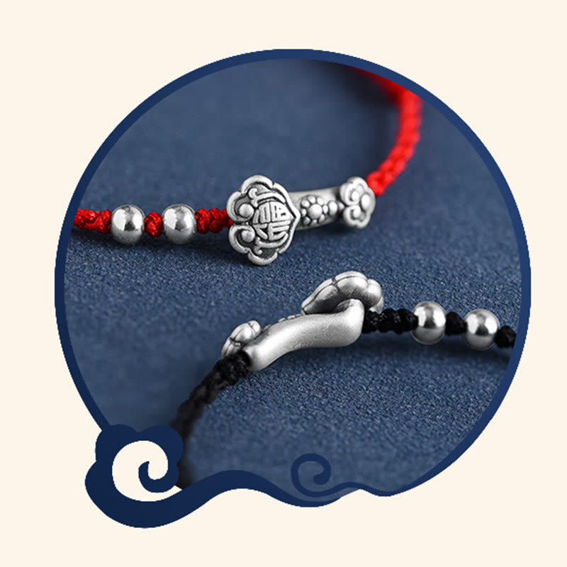 Handmade 999 Sterling Silver Fu Character Wish Ruyi Handle Fortune Rope Bracelet Anklet - Image 25