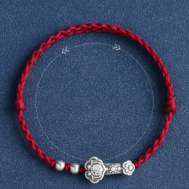 Handmade 999 Sterling Silver Fu Character Wish Ruyi Handle Fortune Rope Bracelet Anklet - Image 5