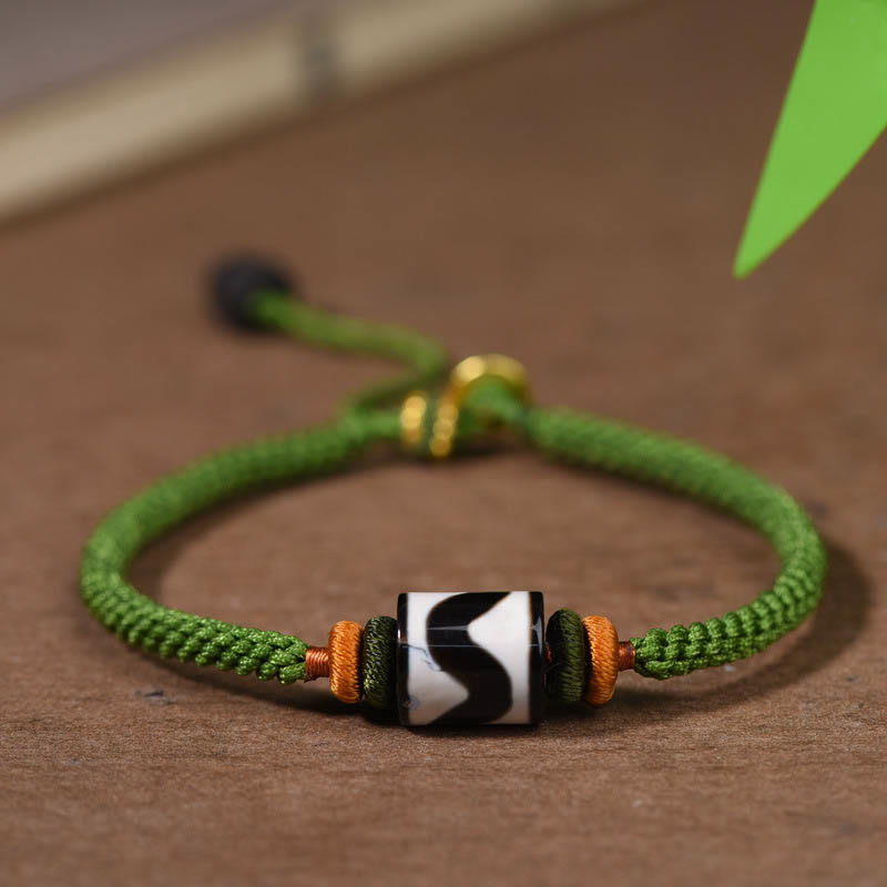 Handmade Tibetan Dzi Bead Protection Braided Green Rope Bracelet