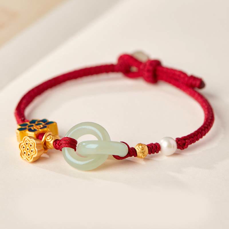 Hetian Jade Lotus Peace Buckle Braided Rope Fortune Bracelet