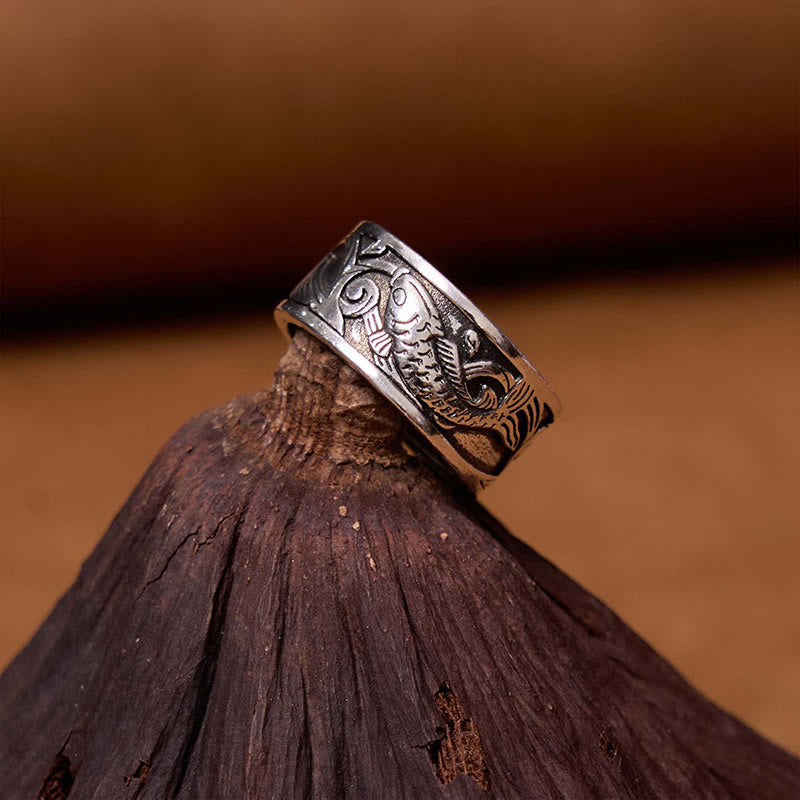 Koi Fish Heart Sutra Carved Design Luck Wealth Ring - Image 3