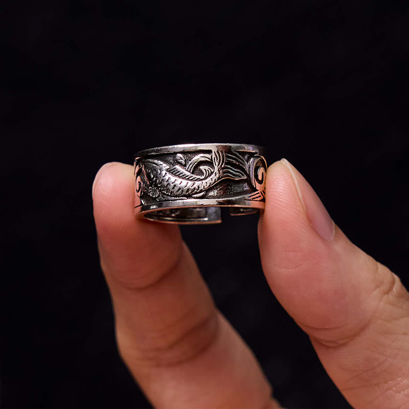 Koi Fish Heart Sutra Carved Design Luck Wealth Ring - Image 4