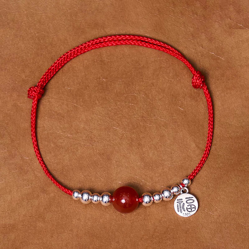 Handmade 925 Sterling Silver Fu Character Red Agate Fortune Braided Ultra-Thin Rope Bracelet