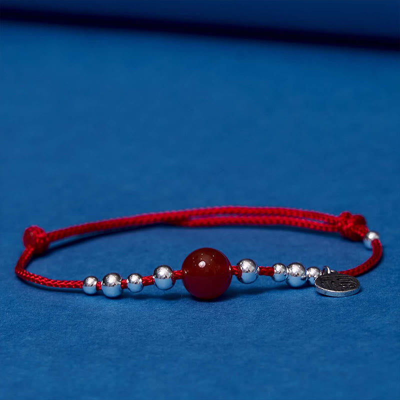 Handmade 925 Sterling Silver Fu Character Red Agate Fortune Braided Ultra-Thin Rope Bracelet - Image 4