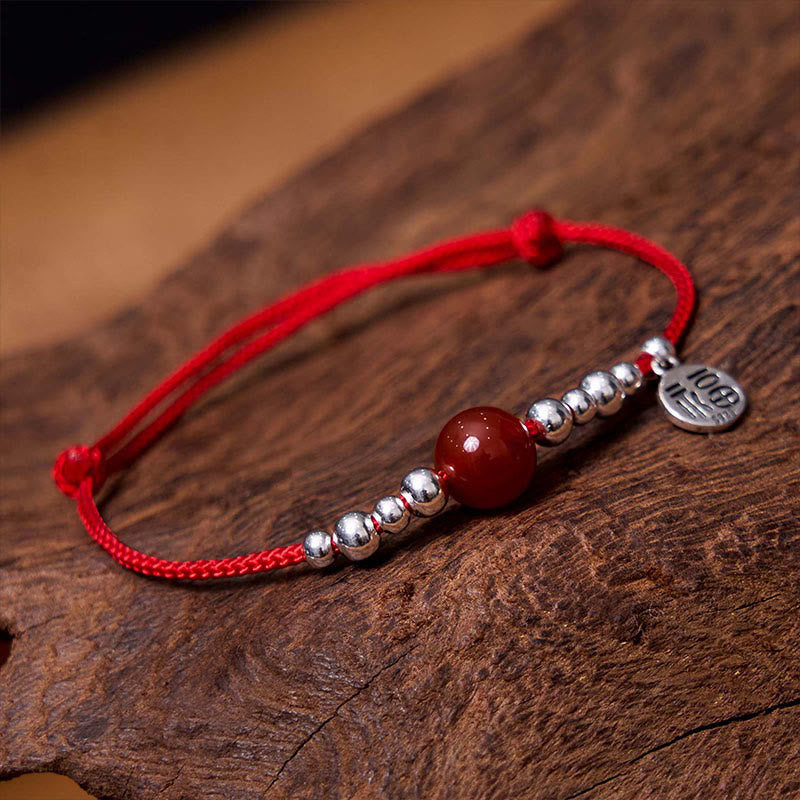 Handmade 925 Sterling Silver Fu Character Red Agate Fortune Braided Ultra-Thin Rope Bracelet - Image 3