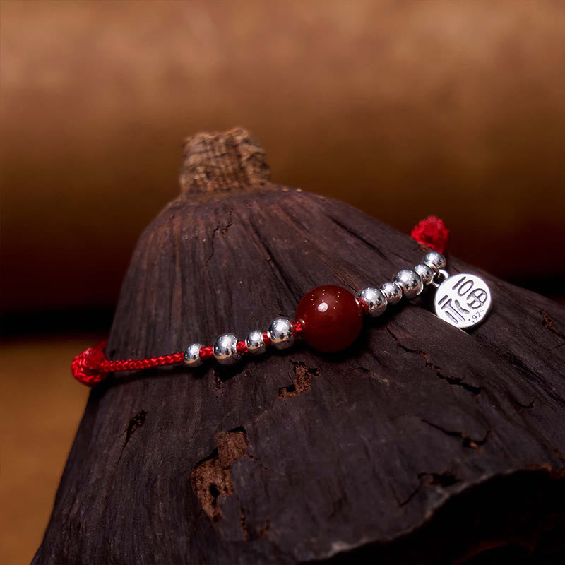Handmade 925 Sterling Silver Fu Character Red Agate Fortune Braided Ultra-Thin Rope Bracelet - Image 6