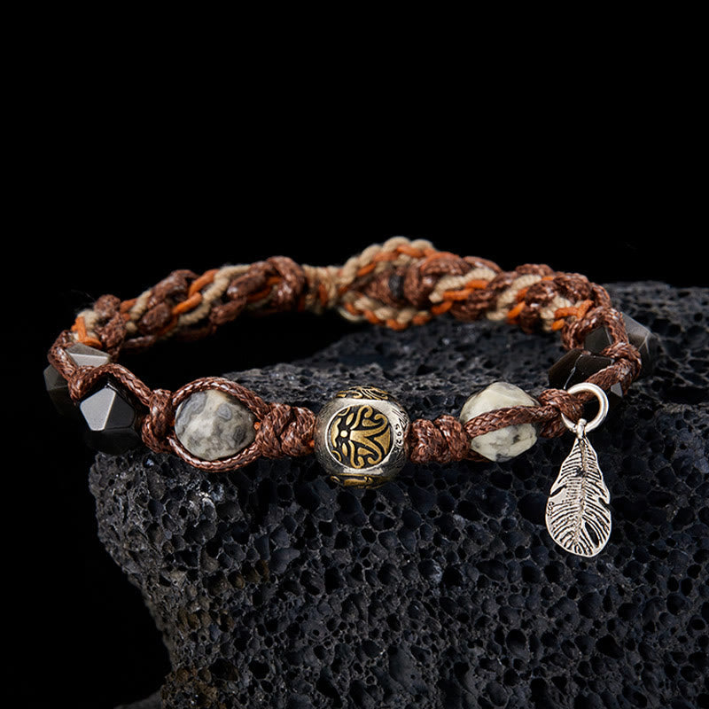 Retro 925 Sterling Silver Silver Sheen Obsidian Transport Rope Handmade Braided Bracelet