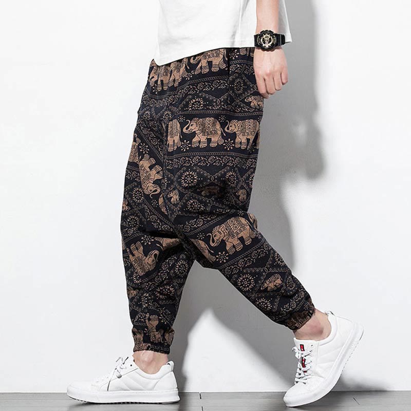 Elephant Brown Black Print Cotton Men's Long Cropped Harem Pants With Pockets