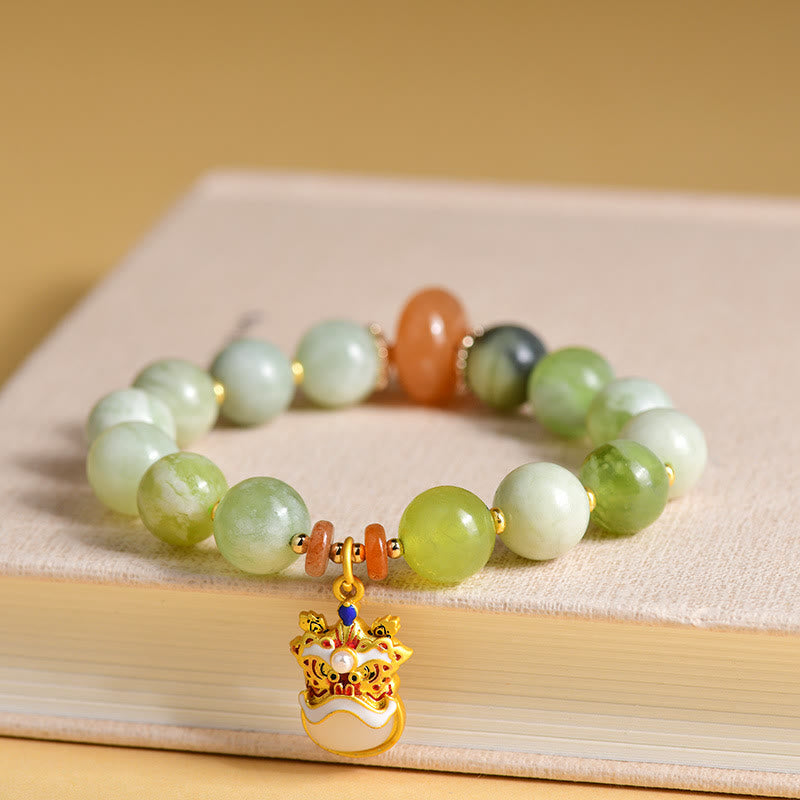 Natural Jade Dancing Lion Charm Prosperity Luck Bracelet