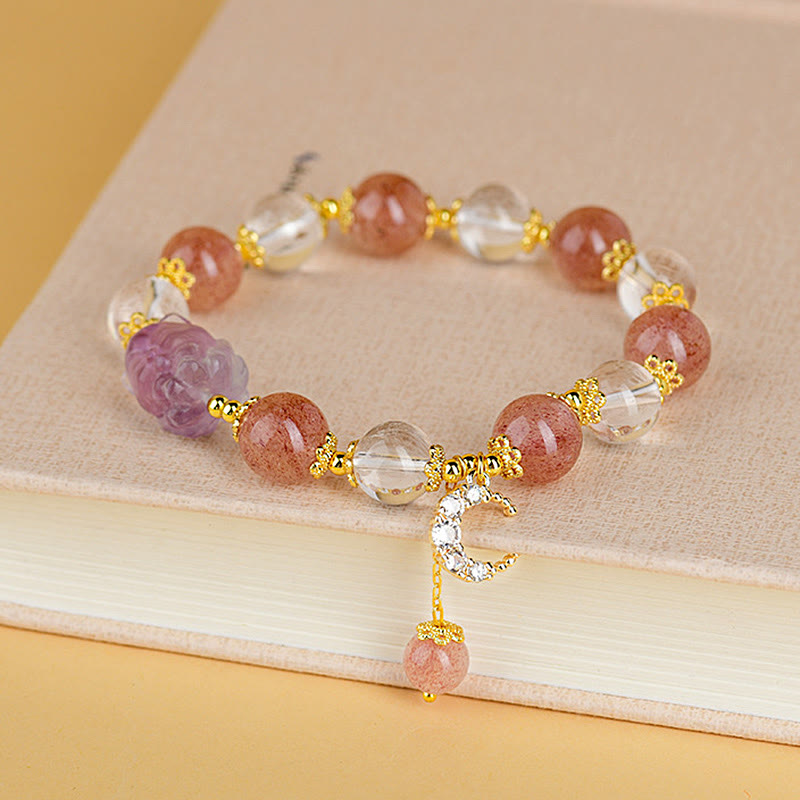 Natural White Strawberry Quartz Crystal Healing Love Nine Tailed Fox  Moon Pendant Bracelet
