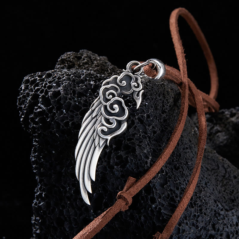 925 Sterling Silver Auspicious Clouds Wing Cotton Rope Deerskin Rope Necklace Pendant