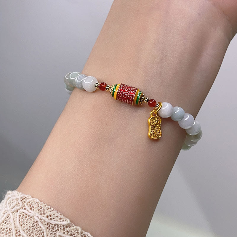 Tibetan Natural Jade Fu Character Prayer Wheel Prosperity Abundance Bracelet - Image 5