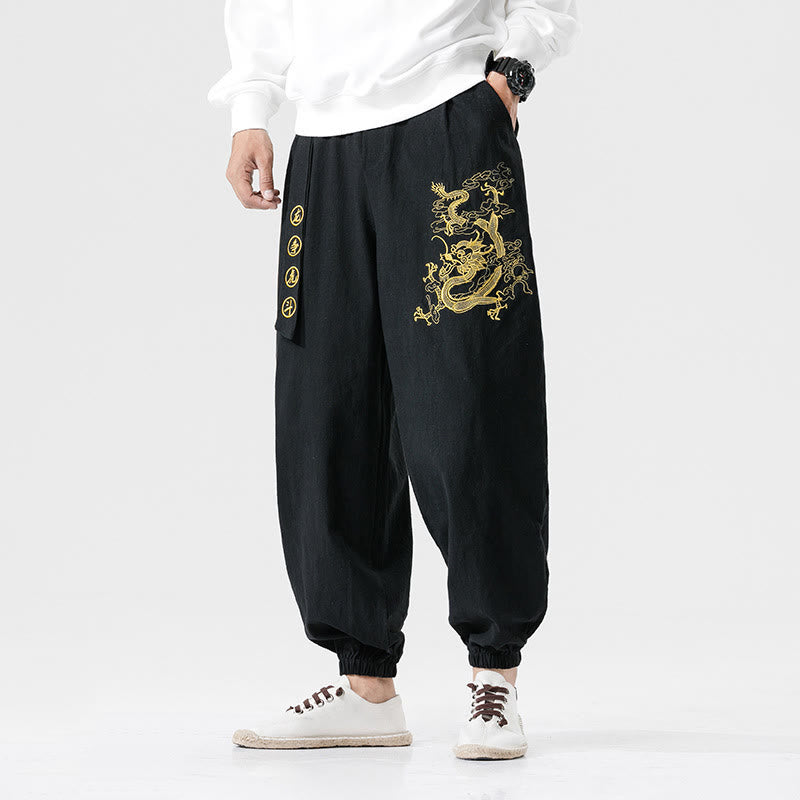 Auspicious Clouds Dragon Cotton Men's Pants With Pockets