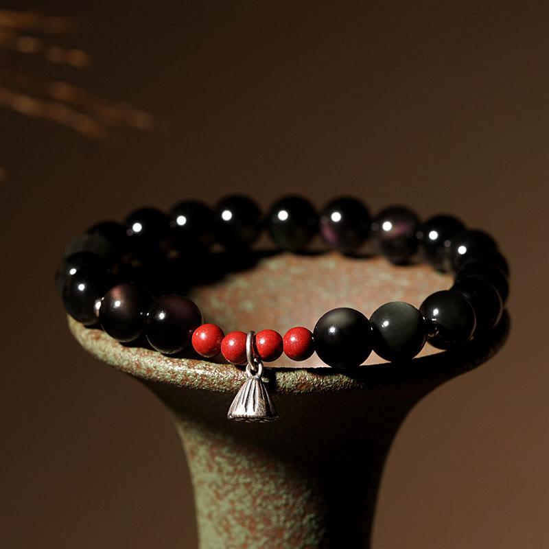 Natural Black Obsidian Cinnabar Lotus Charm Strength Fulfillment Bracelet