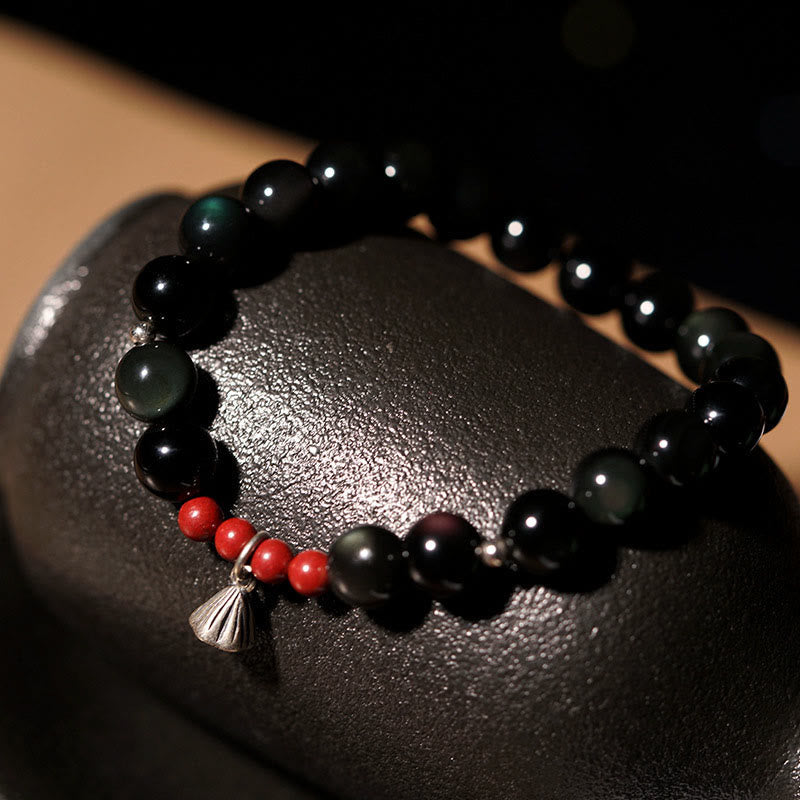 Natural Black Obsidian Cinnabar Lotus Charm Strength Fulfillment Bracelet - Image 5