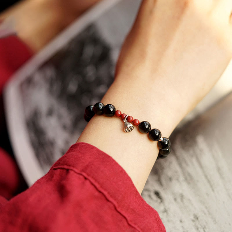 Natural Black Obsidian Cinnabar Lotus Charm Strength Fulfillment Bracelet - Image 3