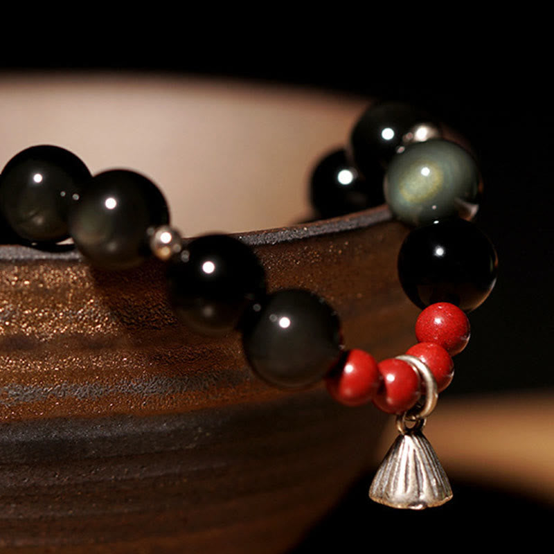 Natural Black Obsidian Cinnabar Lotus Charm Strength Fulfillment Bracelet - Image 6