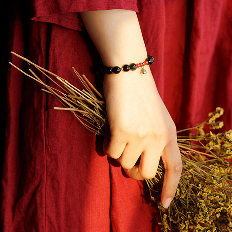 Natural Black Obsidian Cinnabar Lotus Charm Strength Fulfillment Bracelet - Image 7