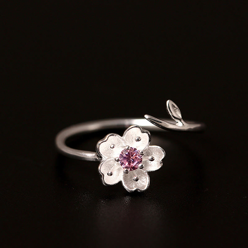 925 Sterling Silver Cherry Blossom Sakura Flower Blessing Adjustable Ring