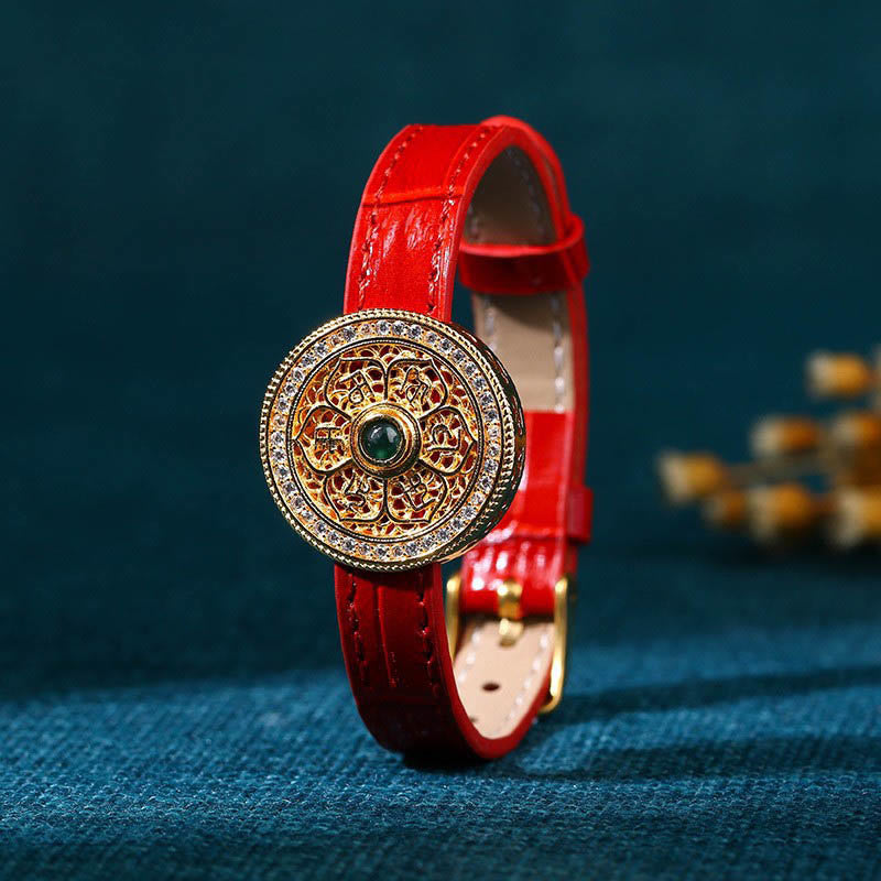 Six True Words Eight Treasures Compass Jade 24K Gold Plated Luck Leather Bracelet